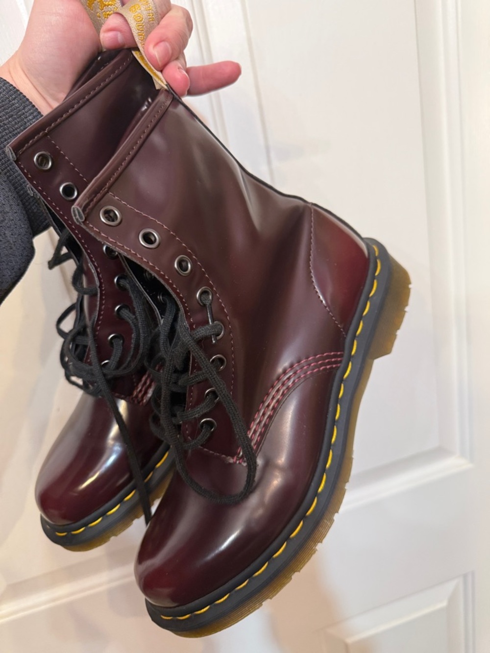 Dr. Martens Cherry/Deep Red Leather Combat Boots with Yellow Heel Loop - Picture 4 of 7